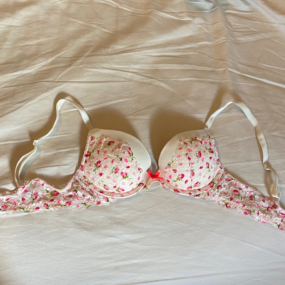 Floral Embroidered Bra - White and Pink